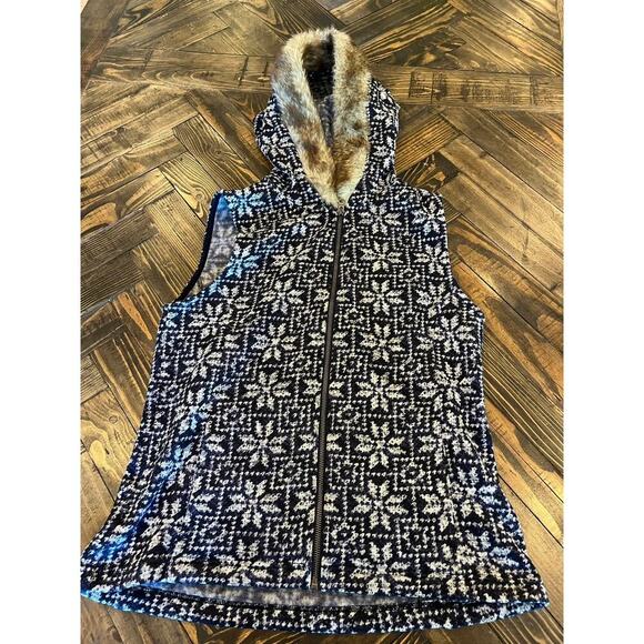 Talbots Vest Women Medium Blue White Vegan Faux Fur Hooded Transitional Aztec - Picture 1 of 8